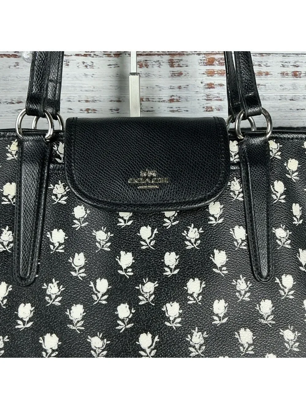 Coach 35025 Shoulder Bag Badlands Black White Floral Ward Tote Work Purse Laptop